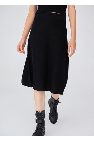 Peraluna Kloş Kesim Kaşmir Karışım Diz Altı Triko Etek Siyah Siyah