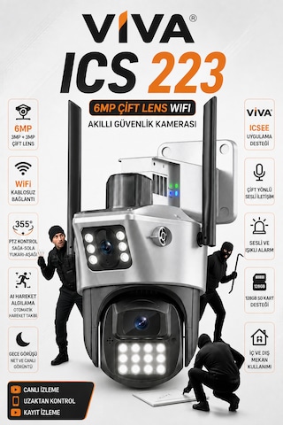Viva Ics-223 6mp Çift Lensli Wifi Akıllı Güvenlik Kamerası 3mp+3mp Ptz Ip66 Su Geçirmez Gece Görüşlü Aı Takip