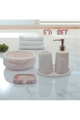 5 Li Taş Banyo Seti Sıvı Sabunluk Diş Fırçalık Kase Tepsi Set Beyaz - Kahve Mermer Desenli Beyaz