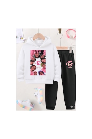 Stil X Twıce Baskılı Sweatshırt Takım / K Pop Beyaz-3