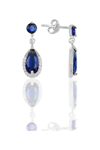 Gümüş Rodyumlu Safir Taşlı Damla Modeli Kolye Ve Küpe İkili Set