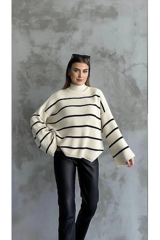 Çizgili İspanyol Kol Triko Boğazlı Kazak Beyaz Elf Beyaz