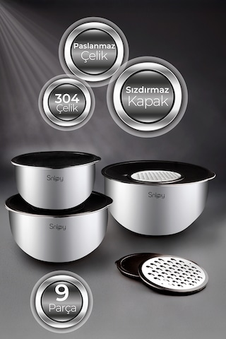 Snippy Inoxa - 9 Parça Rendeli Paslanmaz Çelik Karıştırma Kabı