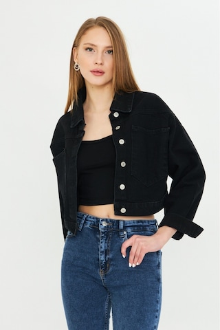 Modanida Kadın Kot Ceket Jean Siyah Kot Ceket Crop Kesim Geniş Cepli Düğmeli Denim Ceket Siyah Siyah