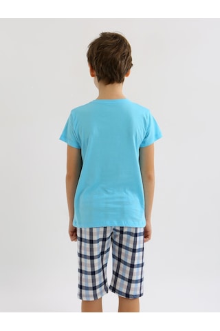 Vitmo Erkek Çocuk Kısa Kollu Kapri %100 Pamuklu Pijama Takımı Hello Weekend Turkuaz