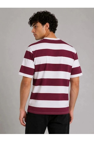 Freedom Store Erkek Çizgili Oversize Tişört Bisiklet Yaka Kısa Kol Yazlık T-shirt - Bordo