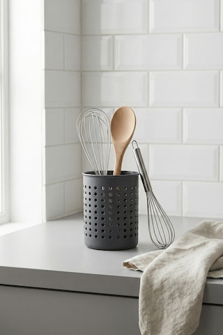 Antrasit - A+ Silindir Kaşıklık Tezgah Üstü Servis Standı, Su Gider Delikli, Plastik Düzenleyici Organizer Antrasit