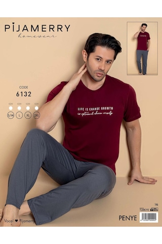 Pijamerry Erkek Bisiklet Yaka Kısa Kol Penye Pijama Takımı 6132 - 1 Adet Bordo