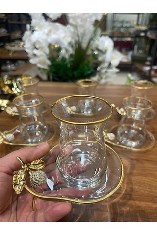Alfafe Home Özel Seri 6'lı Çay Seti , Çay Takımı , Hediyelik , Çeyizlik Şeffaf Altın