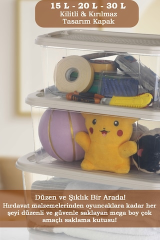 3'lü 15-20-30 L Çok Amaçlı Saklama Kabı Seti - Kilitli Kapak Banyo Mutfak Düzenleyici Saklama Kutusu Bej