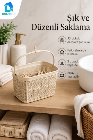 Jute Mandal Sepeti 3 L Çok Amaçlı Çamaşır Oyuncak Saklama Taşıma Sepeti Çok Renkli