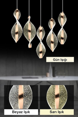 İstanbul Avize Mars 5'li Yemek Masası Kumandalı Gold Üç Renk Led Lüx Modern Ledli Avize