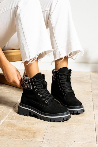 Shoetek Sophie Kadın Bot&bootie Ekoseli Triko Postal Siyah Süet Siyah Suet