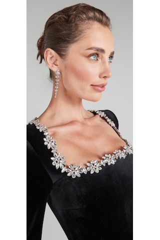 Hanife Glam Couture Hanife Glam Kare Yaka Taşlı Mini Kadife Elbise Siyah