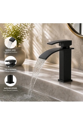 Mat Siyah Lavabo Bataryası - Şelale Akışlı Modern Banyo Musluğu Sabit Lavabo Çift Su Girişli