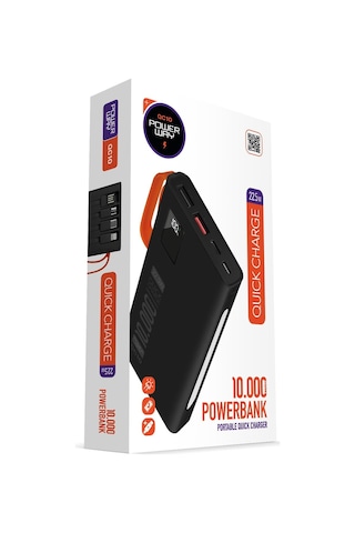 Powerway 10.000 Mah Pd 22.5w Dahili Kablolu Hızlı Şarj Gerçek 10.000 Mah Qc10 Siyah Powerbank