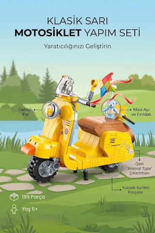 Klasik Sarı Motosiklet Yapım Seti Eğitici Yapı Blokları 199 Parça 6+ Yaş