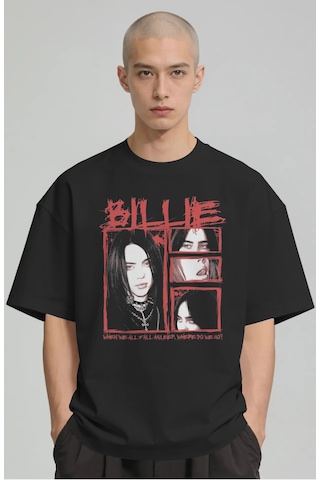 Sevbano Billie Eilish Şarkıcı Baskılı Unisex Oversize Premium Tişört Siyah