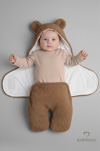 Babyden's 0-12 Ay Welsoft Peluş Bebek Dış Kundak - Uyku Tulumu Ayıcık Kulaklı İçi %100 Pamuk Astarlı Battaniye Kahverengi