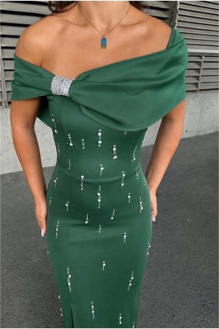 Lior Design Kadın Trend Dik Yaka Taş Detaylı Maxi Abiye Elbise Zümrüt