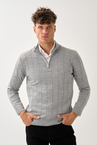 Dikey Dokuma Desenli Fermuarlı Triko Kazak Gri