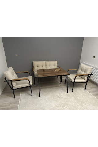 Modern Dünya Balkon, Bahçe, Cafe - Metal Kanepe Koltuk Takımı - 2+1+1 + Masa Krem Modernsh35 Krem