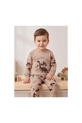 Deniva Kids Erkek Bebek Kahve Dinozor Baskılı %100 Pamuklu Uzun Kollu Alt Üst Eşofman / Pijama Takımı - 2 - 3 Yaş Kahverengi