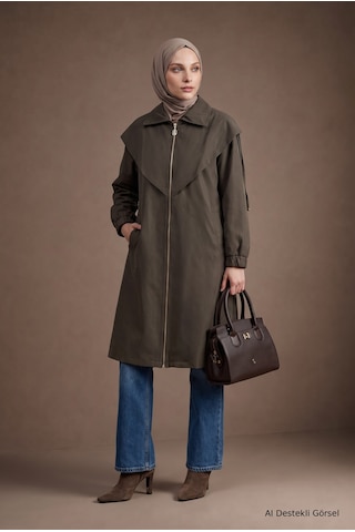 Armine Trend Pelerin Yaka Cep Detaylı Fermuarlı Uzun Boy Kap 122 Cm Boy Haki 26kt704