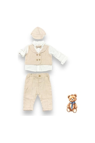 Cantoy Erkek Bebek Papyon Şapka Gömlek Pantolonlu Pamuklu Şık Takım-14693 Bej