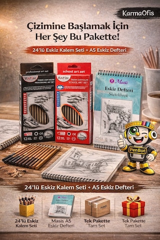 24 Lü Eskiz Kalem Seti + Spiralli A5 Eskiz Defteri Çizim & Sketchbook Seti 50 Yaprak 90g