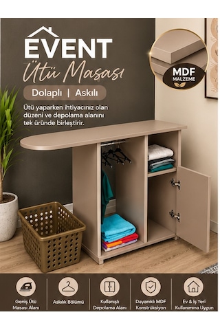 Event Ütü Masası Dolaplı Askılı Mdf Kahverengi Ütü Masası Dolaplı Ütü Standı Krem