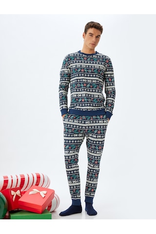 Koton Yılbaşı Temalı Rahat Kesim Pamuklu Örme Pijama Seti Lacivert Desenli 5wlm40033mk Lacivert Desenli Lacivert