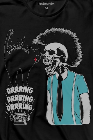 Mohikan İskelet Adam Kara Kedi Nostalji Telefon Zili Uzun Kollu Tişört Baskılı T-shirt 001