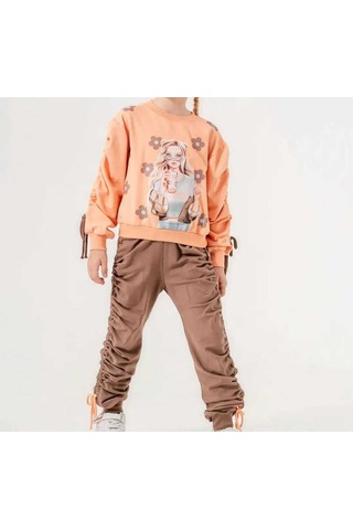 Kız Çocuk Rahat Kesim Sweatshirt Ve Büzgülü Jogger Takım Somon&Kahve