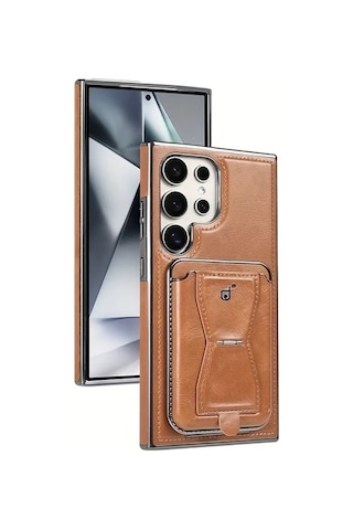 Turcoshop11 Galaxy S24 Ultra Manyetik Kartlık Yüksek Kalite Suni Deri Kılıf Brown