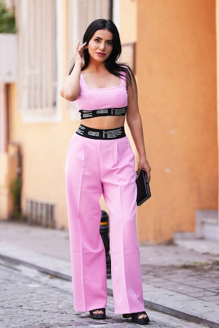 Canım Kendim Store Pembe Lastik Detaylı Crop Ve Lastik Detay Pantolon İkili Takım Pembe