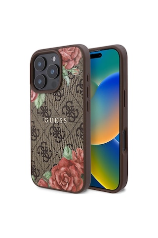 Apple Uyumlu iPhone 16 Pro Kılıf Guess Lisanslı Magsafe Şarj Özellikli Gül Baskılı Yazı Logolu Kapak Kahverengi