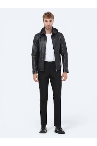 Kip Siyah Regular Fit Kapüşonlu Smart Casual Koyun Derisi Deri Mont