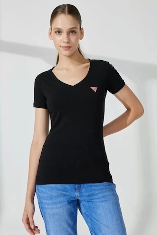 Guess Kadın Üçgen Logolu Siyah T-shirt Siyah