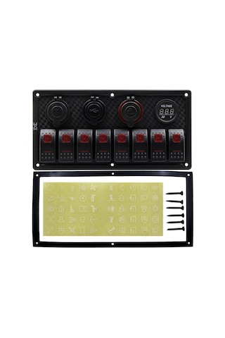 Bfy Switch Panel 8'Li +Usb+Plastik Çakmaklık+ Çakmak+ Voltmetre Kırmızı