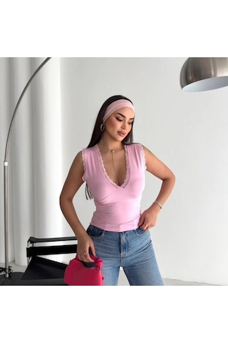 Kadın Derin V Yaka Dantel Detaylı Slim Fit Bluz Kolsuz Şık Kadın Bluz Pembe