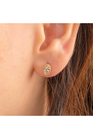 Altın Küpe - 14 Ayar Altın Oval Taşlı Tasarım Küpe Sarı