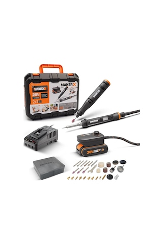 Worx WX988 MakerX 20Volt 2.0Ah Kömürsüz Profesyonel Kalem Tipi Gravür Seti + Dijital Lehim ve Ahşap Yakma Seti + 46 Parça Aksesuar