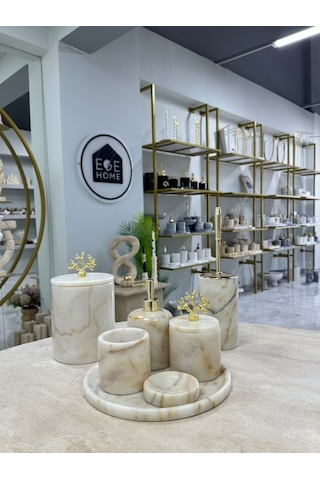 Dekoratif Doğal Şeker Mermer 7 Parça Gold Mercan Banyo Seti