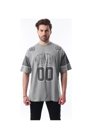 Madmext Boyalı Gri Baskılı Pamuklu Oversize Erkek T-shirt 7035 Boyalı Gri