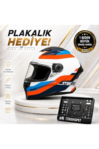 Mt Helmets Stinger 2 Solid Güneş Vizörlü Full Face Kapalı Kask + Plakalık Turuncu-mavi