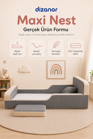 Dizanor Yeni Nesil Maxi Nest %100 Sünger Ve Yıkanabilir Fermuarlı Kumaşa Sahip Bebek, Çocuk Ve Genç Montessori Karyola Baza Ve Başlık Yatağı Seti - Gri - Bej - 140 X 200
