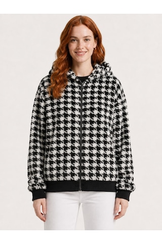 Neden Tekstil Kadın Kazayağı Desenli Kapüşonlu Fermuarlı Sweatshirt Ceket - Siyah
