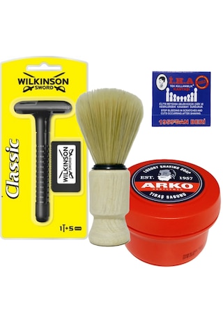 Wilkinson Classic Tıraş Makinesi, Arko Kase Tıraş Sabunu, Ahşap Tıraş Fırçası, Kibrit Kantaşı, Tıraş Seti