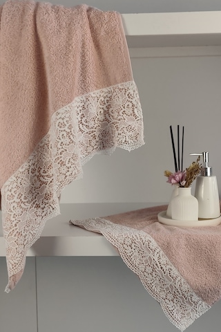 Gipür Dantelli Banyo Havlusu Takımı-%100 Pamuk Banyo Seti-gelin Havlusu Gulkurusu Gül Kurusu